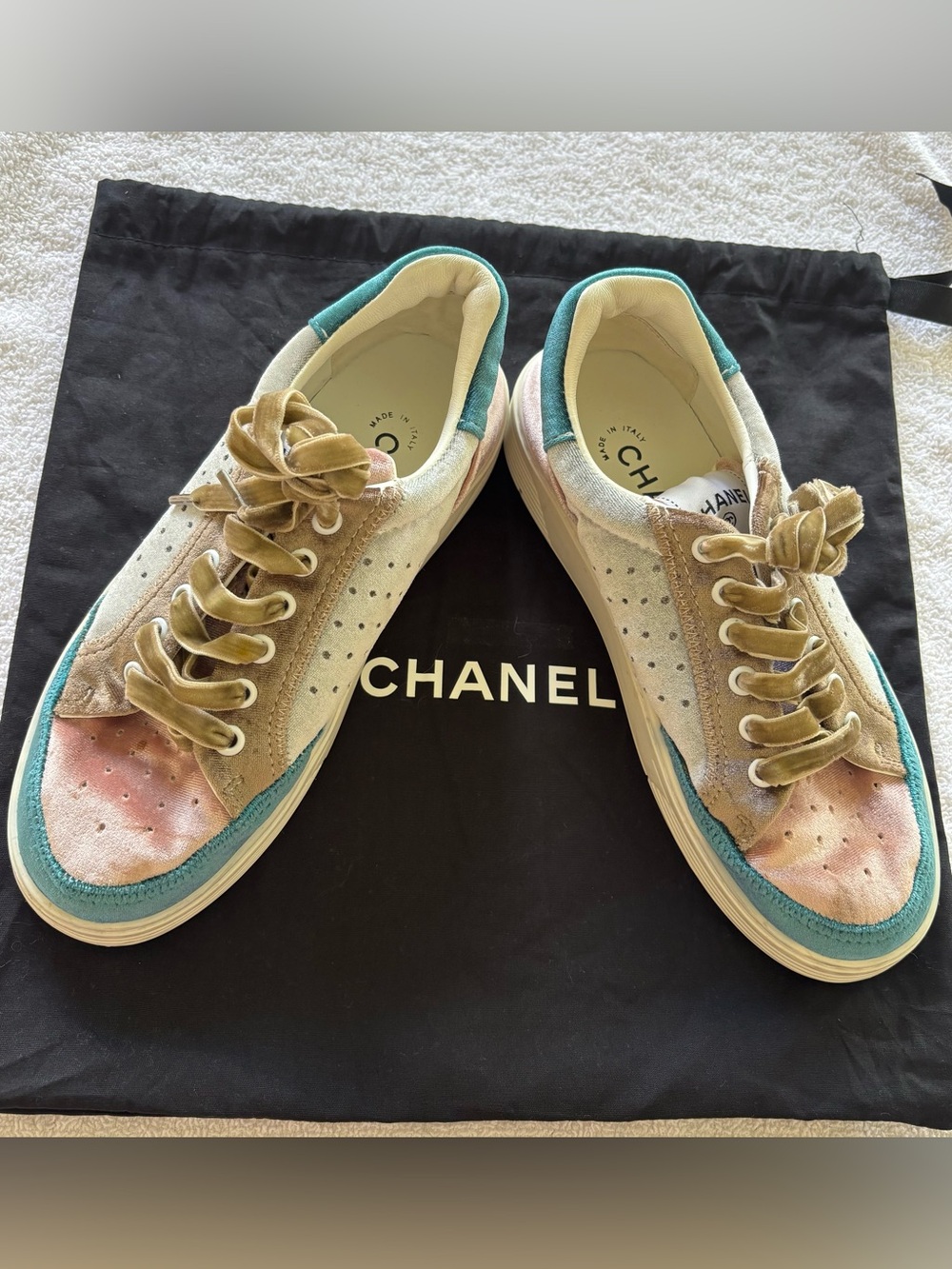 CHANEL Multicolor Pastel Velvet-Trim Low Top Sneakers